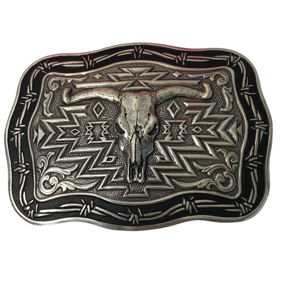 Crumrine Belt Buckle Mens Longhorn Steer Skull Western Silvertone Barbed Wire